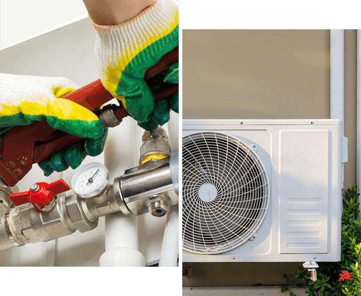 A collage of two pictures with a person working on an air conditioner.