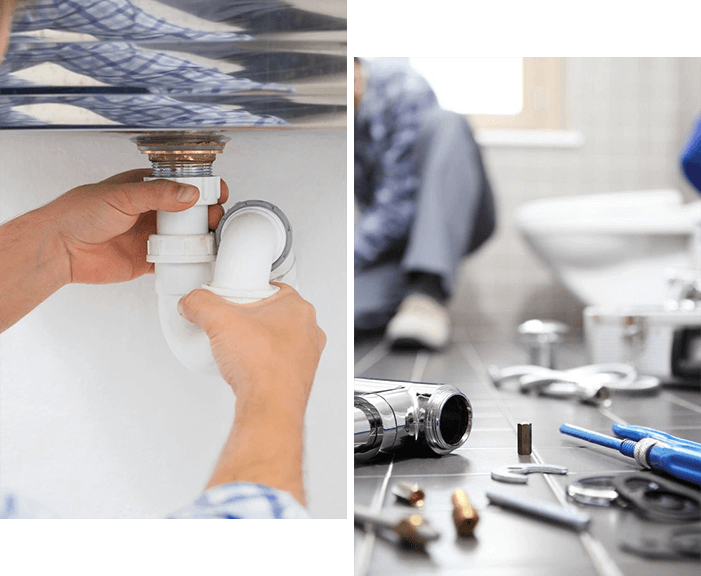 A person fixing the pipes of a sink.