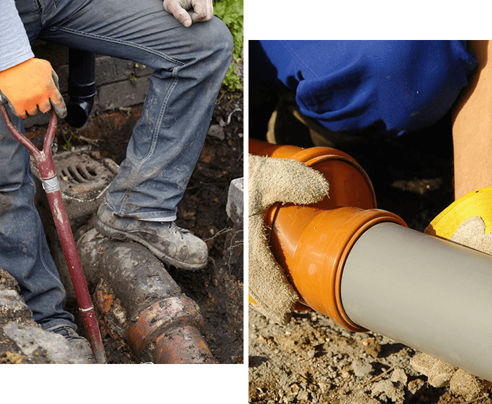 A man working on the side of a pipe.