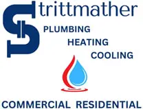 A blue and white logo for trittmather plumbing, heating, cooling and commercial residential.